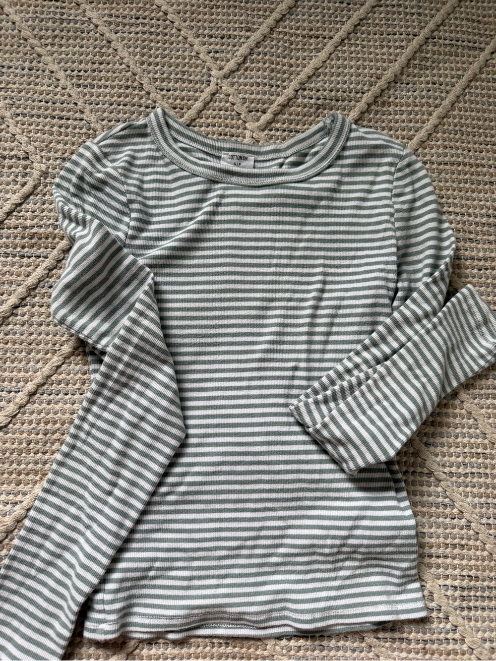Cotton On Olive Green and White Striped Long Sleeve Tee